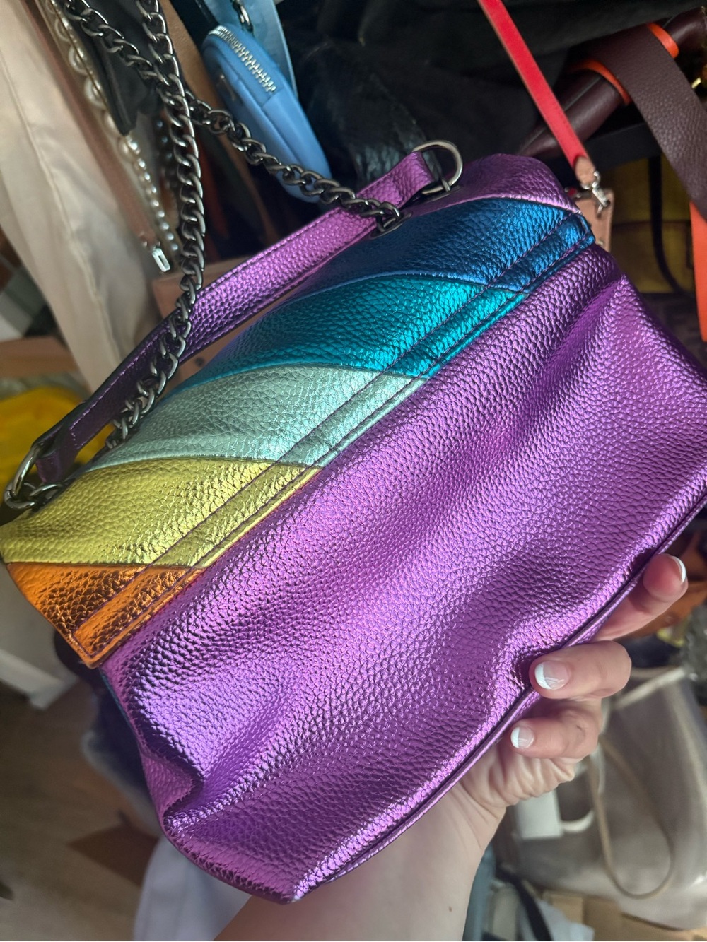 Kurt Geiger Multicolor Metallic Leather Diagonal-Stripe Shoulder Bag - Picture 4 of 9